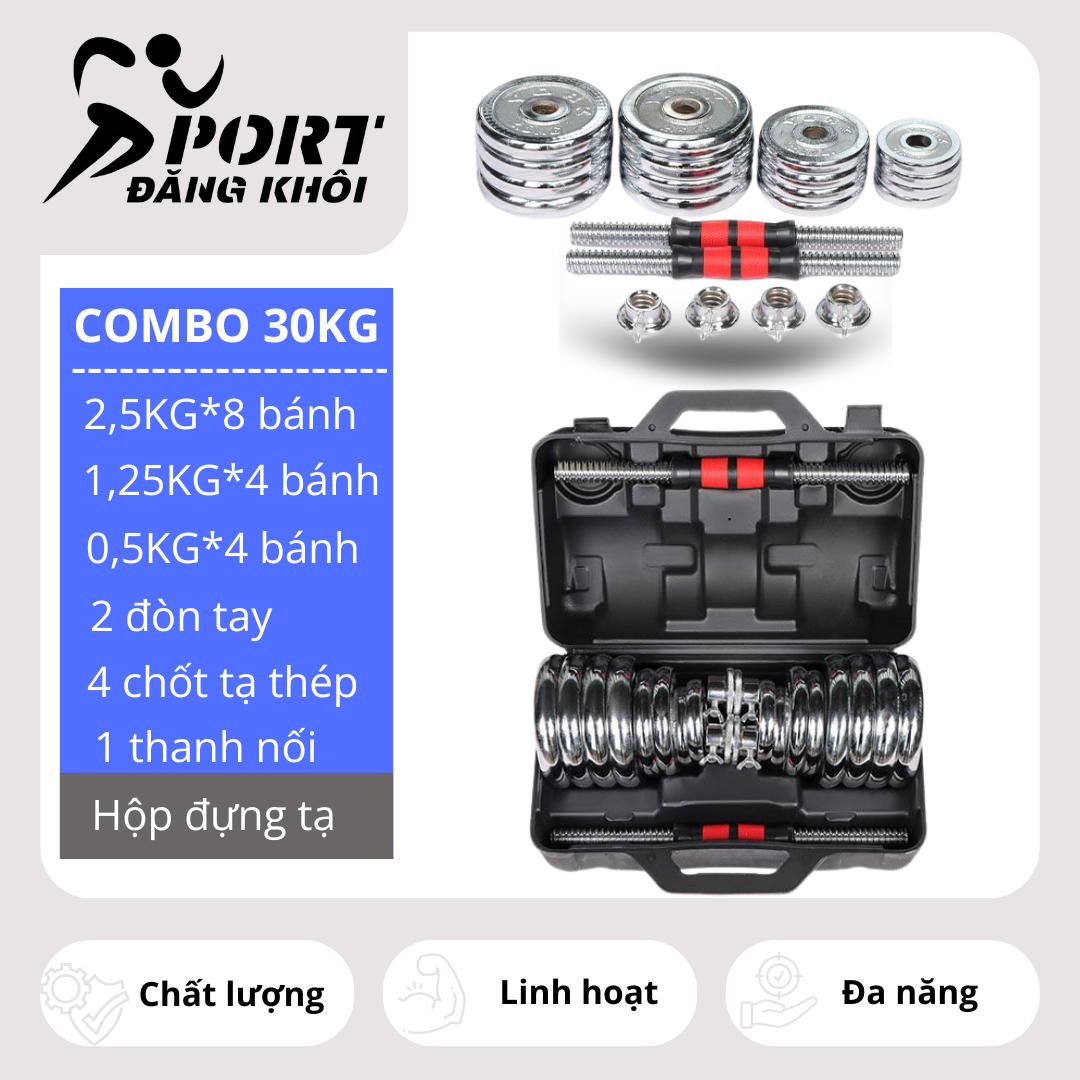 TẠ THÉP MẠ INOX 30KG - Bộ Tạ Tay Đa Năng
